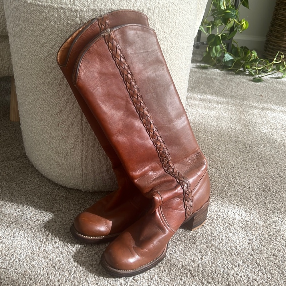 Vintage Frye brown leather tall boots with side braid detail